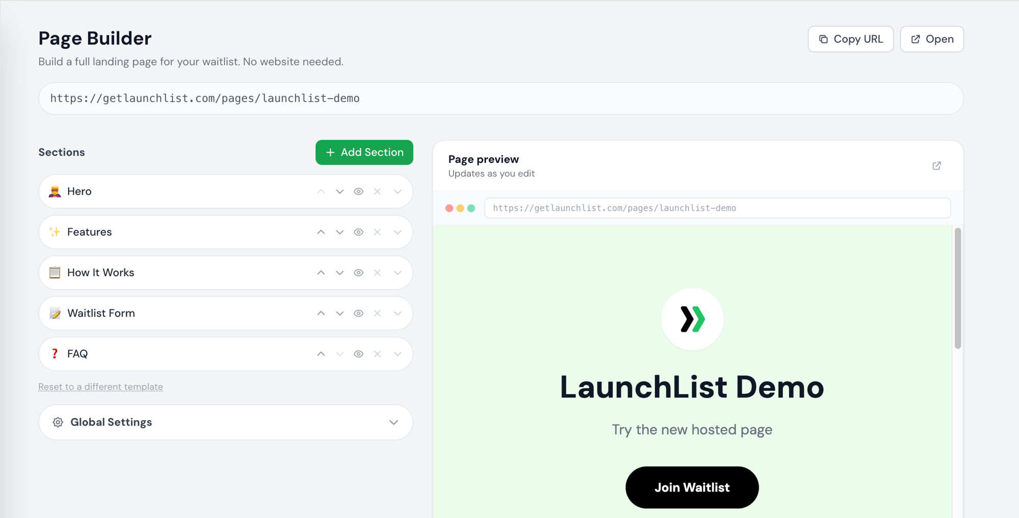 LaunchList Page Builder — section list with live preview of the hosted waitlist page